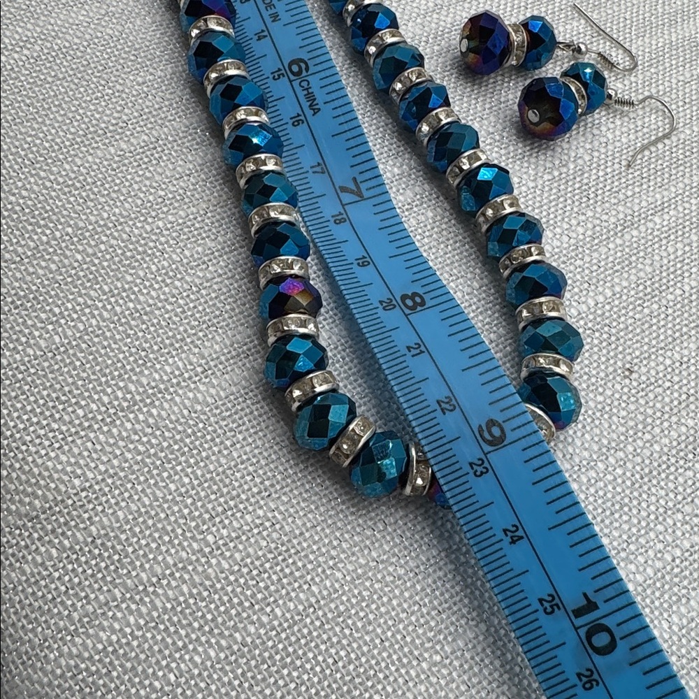 necklace & earring set clear rhinestone spacers blue beads magnetic clothes NEW - Picture 7 of 7